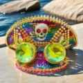 Punk Y2K Regenbogen Pailletten Marine Mütze mit goldenen Stacheln, Strass Totenkopf und Brille. - Verstellbar / Regenbogen Totenkopf Goggles Marinehut