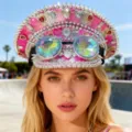 Punk-Stil pinkfarbene Kapitänsmütze mit Pailletten und Kaleidoskop-Brille für Festivals - Verstellbar / Rosa-Silberner Strass Goggles Marinehut