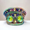 Bunter Festival Kapitänshut mit glitzerndem Strass, Punk-Nieten und Kaleidoskop-Brille - Verstellbar / Schillernder Farbverlauf Goggles Marinehut