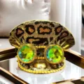 Punk-Stil Leopardenmuster Marinehut mit grüner Kristallbrille und Goldstacheln - Verstellbar / Goldener Leoparden Strass Goggles Marinehut