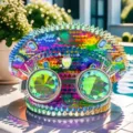 Y2K Regenbogen-Pailletten-Punk-Navy-Hut mit silbernen Spikes und Kaleidoskop-Brille - Verstellbar / Bunter Farbverlauf Schutzbrille Marinehut