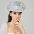 Silberne Kapitänsmütze im Punk-Stil mit funkelnden Pailletten und Metallnieten für Damen - Verstellbar / Silberne Nieten Löwenkopf Voll-Strass Marinehut