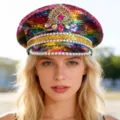 Lebhafter Regenbogen-Pailletten-Kapitänshut für Damen mit luxuriösen rosa Strasssteinen - Verstellbar / Regenbogen Krone Strass Marinehut