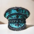 Punk-Stil Militärmütze in Blaugrün mit schwarzen Champagner-Steinen - Verstellbar / Seesee Blau Schlangenmuster Schwarzer Diamant Marinehut