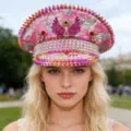 Pinkfarbene Pailletten-Kapitänskappe mit Punk-Nieten und Juwelen-Emblem für Damen - Verstellbar / Rosa-Lila Teufelsflügel Marinehut