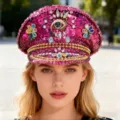 Pinke Pailletten Kapitän Mütze mit Strass-Augen-Motiv im Y2K-Punk-Stil - Verstellbar / Rosenrot Teufelsauge Farbiger Strass Marinehut
