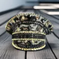 Nautische Kappe im Punk-Stil mit Strasssteinen und schwarzen Nieten für trendige Y2K Mode-Outfits - Verstellbar / Schwarz-Gold Leopard Muster Niete Marinehut