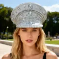 Glänzender silberner Marinehut mit Strasssteinen für Damen im Punk Y2K Rave-Stil - Verstellbar / Silbergrau Pferdeauge Strass Niete Marinehut