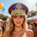 Handgefertigte lila Pailletten-Navy-Mütze mit Strass und Goldnieten für sommerliche Party-Festivals - Verstellbar / Lila-Gold Blumen Quaste Marinehut