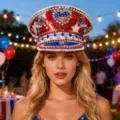 Verzierter Punk Kapitänshut mit patriotischem USA Herz Flaggen Design für Damen - Verstellbar / Herz Stern Streifen Strass Marinehut