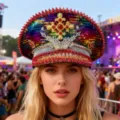 Atemberaubender Punk-Strass-Festival-Kapitänshut mit bunten Pailletten und Y2K-Stil - Verstellbar / Regenbogen Kreuz Strass Flügel Marinehut
