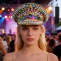 Glitzernde Strass Kapitänsmütze von blondem Model auf Musikfestival getragen - Verstellbar / Bunter goldener Marinehut mit großen Diamanten und Nieten
