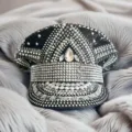 Funkelnde Punk-Marine-Mütze für Damen mit Strasssteinen im Y2K-Stil, silberne Kristalle - Verstellbar / Schwarz-silberner Gitter Marinehut mit vollem Strass