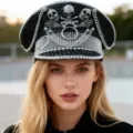 Gothic Punk Marinehut in Schwarz mit silbernen Totenköpfen und Strasssteinen an Model - Verstellbar / Schwarz-silberner Totenkopf Kette Marinehut