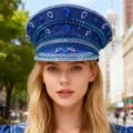 Modischer blauer Strass-Marine-Kapitänshut im Punk-Stil für Damen, Y2K Streetstyle-Design - Verstellbar / Königsblauer Marinehut mit mehrschichtigen Strasssteinen und Nieten