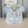 Funkelnde weiße Pailletten Kapitän Mütze mit PARTY Strass Buchstaben für Feier - Verstellbar / Silber PARTY Edelstein Marinehut