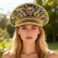 Luxuriöse Kapitänsmütze im Punk-Stil mit goldenen Nieten und Totenkopf-Pailletten für Damen - Verstellbar / Gold Leopard Totenkopf Niete Marinehut