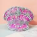 Punk-Stil pinkfarbenes Pailletten-Militärhut mit silbernen Nieten und Edelsteinen - Verstellbar / Pink Silber Verlauf Voll Genietet Marinehut