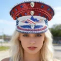 Punk Navy-Mütze mit Strasssteinen und patriotischem US-Flaggen-Stern-Dekor - Verstellbar / Rot-Blau Sternenbanner Strass Marinehut