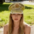 Glitzernde Punk-Militärmütze mit Strass und Perlen - Verstellbar / Goldene Sonnenblume Perle Quaste Marinehut