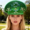 Modischer Punk-Stil smaragdgrüner Strass-Kapitänshut für Damen Y2K Mode-Accessoire - Verstellbar / Grün Strass Blumen Schmetterling Niete Marinehut