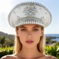 Silberner Strass besetzter Punk Kapitäns Hut mit Pailletten und Nieten für Damen - Verstellbar / Silber Laser Blumen Strass Marinehut