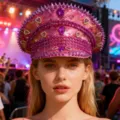 Y2K Punk-Kapitänsmütze mit Strasssteinen, Pailletten und violetten Edelsteinen - Verstellbar / Magenta Herz Strass Niete Marinehut
