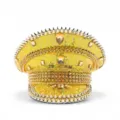 Gelber Pailletten Kapitänshut im Punk-Stil mit goldenen Nieten und Strasssteinen - Verstellbar / Goldene Kette Träne Strass Marinehut