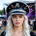 Punk Schwarz Marine Mütze mit silbernen Spikes und Halloween Anstecknadeln Dekor - Verstellbar / Halloween Schwarze Katze Nieten Marinehut