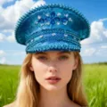 Stilvoller blauer Pailletten-Navy-Hut mit Strass für Damen im Y2K Punk-Stil - Verstellbar / Seeblau Blütenblatt Strass Marinehut
