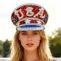 Glitzernde USA Strass Marine Mütze mit roten Pailletten für Damen im Punk Y2K Festival Stil - Verstellbar / USA Stern Strass Marinehut