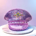 Funkelnde lila Pailletten Punk Kapitänsmütze mit bunten Strasssteinen und spitzen Metallstacheln - Verstellbar / Rosa-Lila Laser Blumen Strass Marinehut