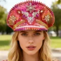 Pinkfarbener Pailletten-Kapitänshut im Y2K-Punk-Stil mit Nieten und Strass-Schneeflocken - Verstellbar / Himbeerrot Schneeflocke Strass Nieten Marinehut