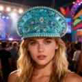 Funkelnde türkisfarbene Strass-Punkt-Kapitänskappe für Festival-Y2K-Stil Mode-Accessoires - Verstellbar / Seeblau Ring Bunter Strass Marinehut