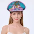 Luxuriöse Punk Y2K Kapitänsmütze mit blauen Pailletten und rosa Nieten für Damen - Verstellbar / Blau-Rosa Schlangenhaut Bunter Strass Marinehut