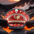 Punk-Stil rote Pailletten Marine Mütze mit Strasssteinen, Spikes und Totenkopf-Details - Verstellbar / Rot-Gold Doppelter Totenkopf Strass Marinehut