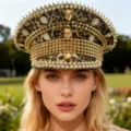 Exklusiver Punk Y2K Leoparden-Marinehut für Damen mit goldenen Nieten und Strass. - Verstellbar / Leopard Gold Niete Tropfen Marinehut