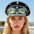Punk-Kapitänshut mit Kaleidoskop-Brille und silbernen Stacheln für Damen - Verstellbar / Schwarz-Silber Pailletten Marinehut