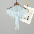 Close-up of light blue lace triangular scarf with intricate floral embroidery and tassels - 135cm (With Beaded Tassels) / Light Blue