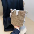 Summer straw woven bucket bag for women, casual single shoulder crossbody bag with white PU trim. - White