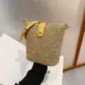 Women yellow straw bucket bag summer casual woven shoulder crossbody bag with PU leather strap - Yellow