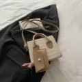 Straw woven crossbody bag, beige color variant with chic leather contrast and mini pouch. - Khaki