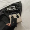 Woven straw contrast color handbag, fashionable mini shoulder messenger bag for women. - Black