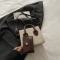 Woven straw contrast handbag trendy chic small square shoulder crossbody bag brown variant - Coffee
