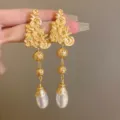 European and American retro gold metal floral hollow bead drop pearl long tassel earrings - Gold-Pearl Tassel (25#)