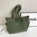 Dark green corduroy tote bag for women, large capacity casual shoulder bag for commuting. - Green