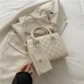 White quilted PU leather handbag with detachable small pouch, chic casual cross body bag. - White