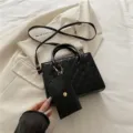 Black quilted leather shoulder bag with small pouch, stylish casual handbag for women. - Black