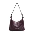 Burgundy leather shoulder bag, stylish casual women's underarm hobo handbag with metal badge. - Red