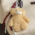 Cute plush bear keychain bag pendant with red white braided rope and metal hook charm. - Bear